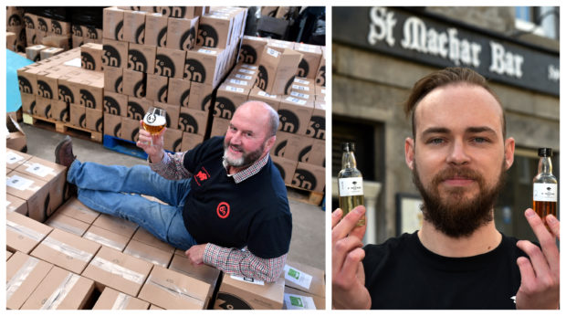 Denis Garden at the Six Degrees North Brewery, with boxes of beer ready for delivery, left, photograph by Chris Sumner. Darren Murray, right, with some of the St Machar Bar's at-home whisky tasting bottles. Photograph by Kenny Elrick.