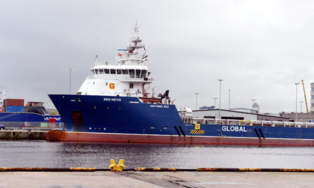 Supply vessel, Ben Nevis at the harbour, Aberdeen.