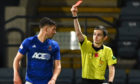 Jamie Masson is sent off by Craig Napier in Cove's defeat to Dundee.