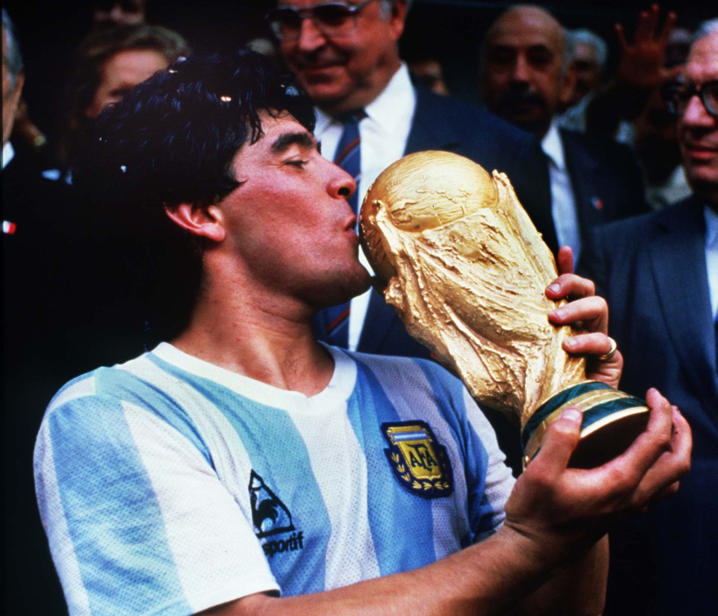 Diego Maradona (Argentina) kisses the trophy after winning the World Cup final in 1986.