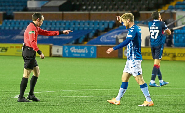 Referee Colin Steven awards a penalty to Kilmarnock during their win over Ross County.