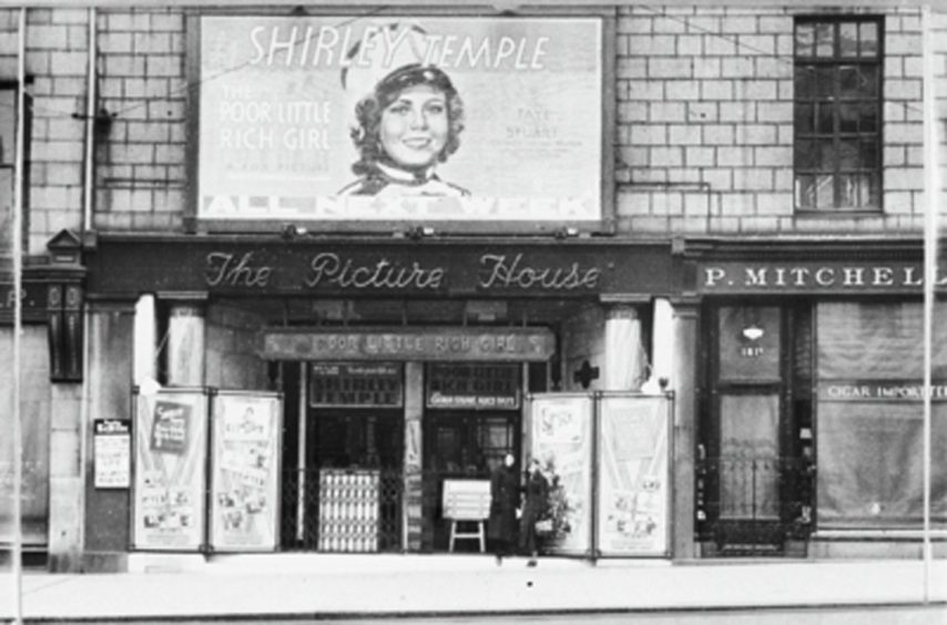 The Picture House opened in December 1914. Pictured in 1936, the building is adorned with adverts for the Shirley Temple film Poor Little Rich Girl.
Picture courtesy of Aberdeen City Libraries.