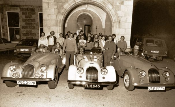 Ardoe House Hotel hosted countless events, including a meeting of the Aberdeen Sports Car Club  in 1980. In the centre is a 1959 Morgan Plus 4  owned by Cameron Mitchell while on the left is Peter Worsfold's 1974 Morgan Plus 8. The other is a brand new Morgan 4/4 owned by James Anderson.