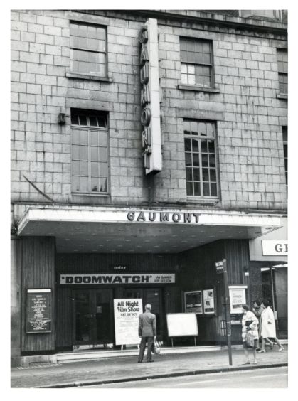 The Gaumont Cinema on Union Street advertises an all-night film show. Picture by Aberdeen Journals, October 5 1973.