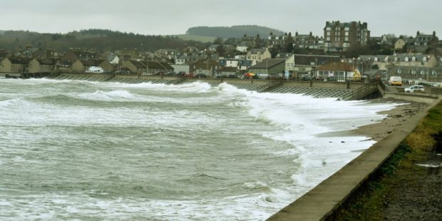Flood barriers in use in Stonehaven earlier this year. Picture by Chris Sumner