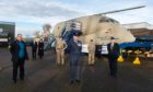 Mark Mair (Morayvia Chairman), Clr John Cowe and Joan Cowe Deputy LL of Moray) WO2 SSM Bruce Terris, Pete Surtees (Sqn Leader) Capt Shane Middleton, Lynne Herbert (director of Morayvia) and Seymour Monro LL of Moray mark the 40th anniversary of Kinloss aircraft crash.