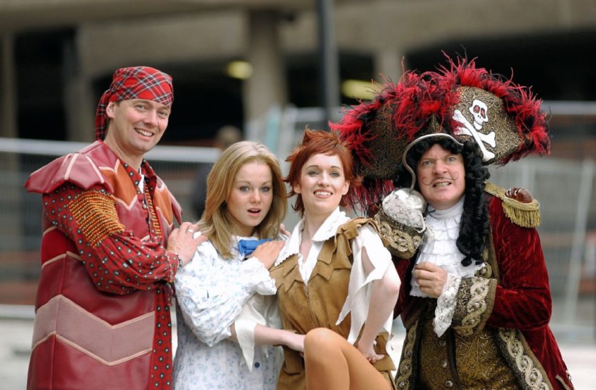 Big Brother winner Cameron Stout, Amy Lennox, Anna Lowe and James McPherson in their Peter Pan pantomime costumes 
