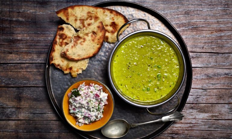 Vegan pea dahl with coconut chutney.