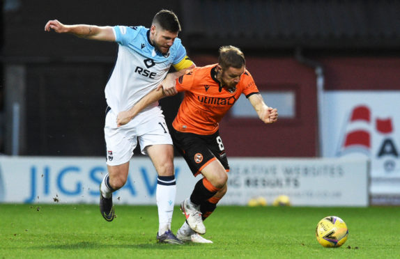 Ross County's Iain Vigurs and Peter Pawlett in action at Tannadice