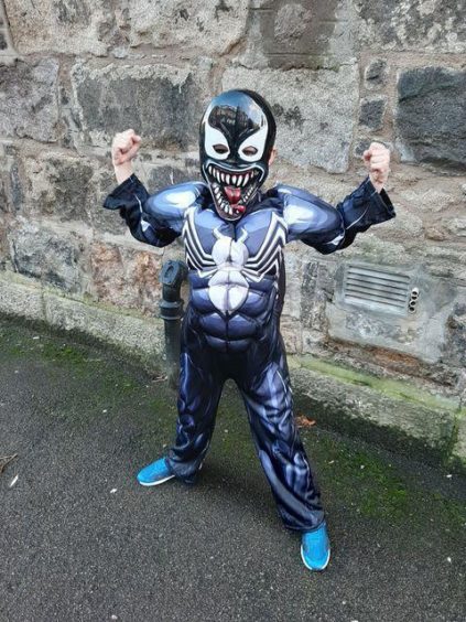 Tyler Cox, 8, celebrating Halloween as Venom. Aberdeen. Supplied by Zoe Cox