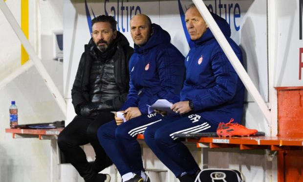 Aberdeen manager Derek McInnes, coach Paul Sheerin and goalkeeping coach Gordon Marshall during the Scottish Premiership match between Aberdeen and St Johnstone.