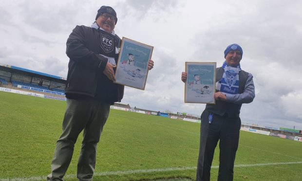 Finlay Noble, chairman of Fraserburgh FC, with Martin Johnston, general manager of Peterhead FC.