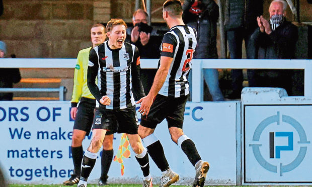 Kane Hester celebrates scoring against Stenhousemuir.