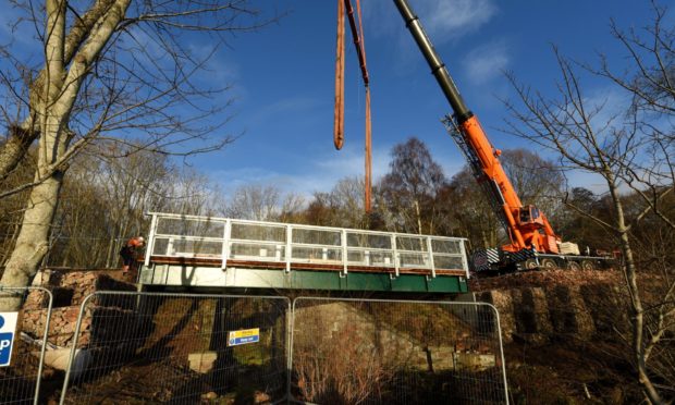The Royal Deeside Railway Preservation Society's new bridge is installed over the Bennie Burn, Banchory.  Picture by Kenny Elrick