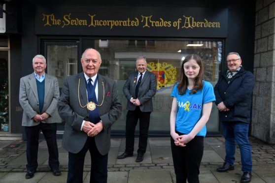 Pictured L-R: Magnus Harcus (CALICO), Mervyn R Donald (Deacon Convener), Craig Matheson (Factor), Amy Macdonald (Team Jak Foundation), John Graham (Grampian Hospital Radio - Vice Chairman).