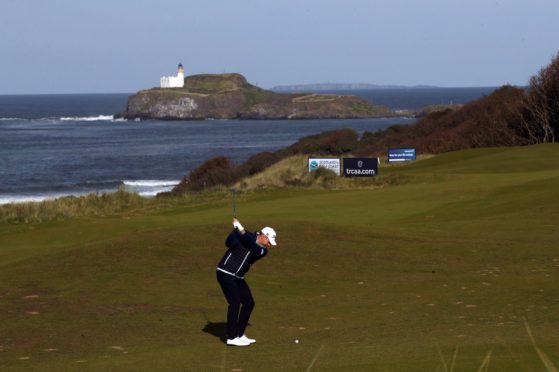 Scotland's Stephen Gallacher plays into the thirteenth green during the second round of the 2020 Aberdeen Standard Investments Scottish Open at The Renaissance Club, North Berwick.