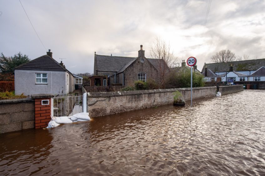 Flooding in Garmouth following heavy rainfall.