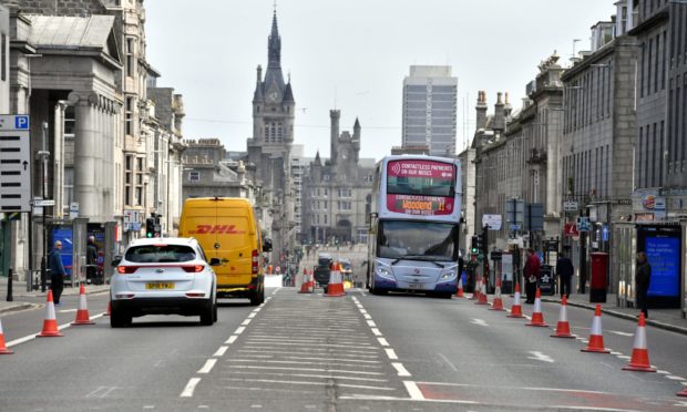 A bus amid the Covid physical distancing measures in Union Street, Aberdeen.