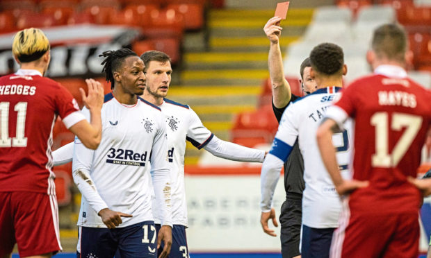 Ryan Hedges being sent off against Rangers for a last-man foul on Alfredo Morelos.