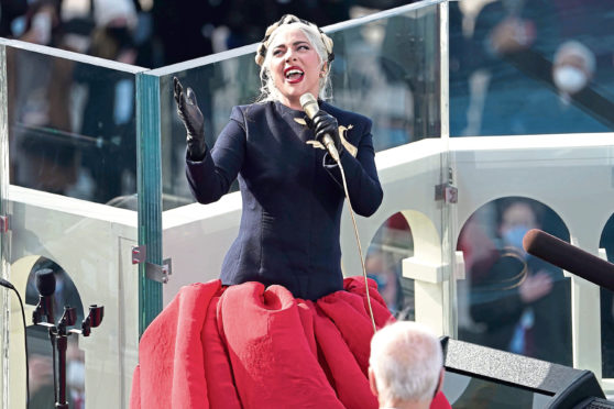 ON SONG: Lady Gaga’s inauguration outfit was bonny, but she must have had a hell of a job getting on to her bus home.