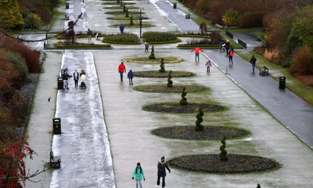 Seaton Park, on January 5, 2021 was so frozen some people used ice skates to get about.