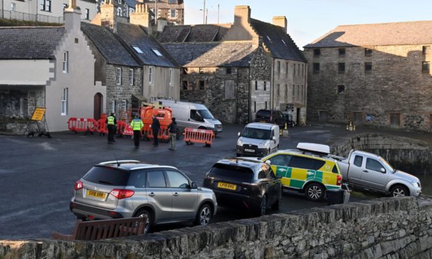 Preparation work at Portsoy Harbour for the Peaky Blinders filming.