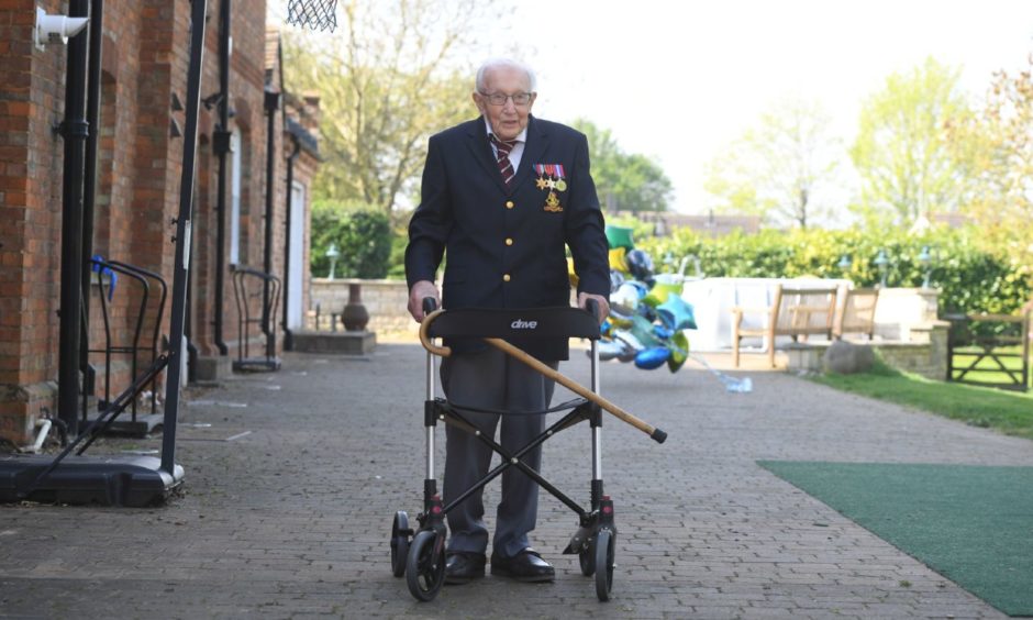 Captain Tom Moore at his home in Bedfordshire, after completing 100 laps of his garden.