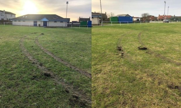To go with story by Rebekah McVey. Mill Park pitch was damaged by tyre tracks. Picture shows; Mill Park pitch (collage). Cruden Bay. Supplied by Hugh McIntyre Date; 16/01/2021