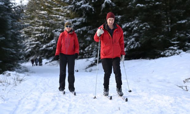 Zeiski and Nick May from Huntly, Cross country skiiing at Gartly Moor Near Huntly.