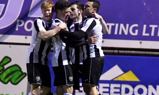 Scott Barbour celebrates after Fraserburgh's equaliser. Pic by Chris Sumner.