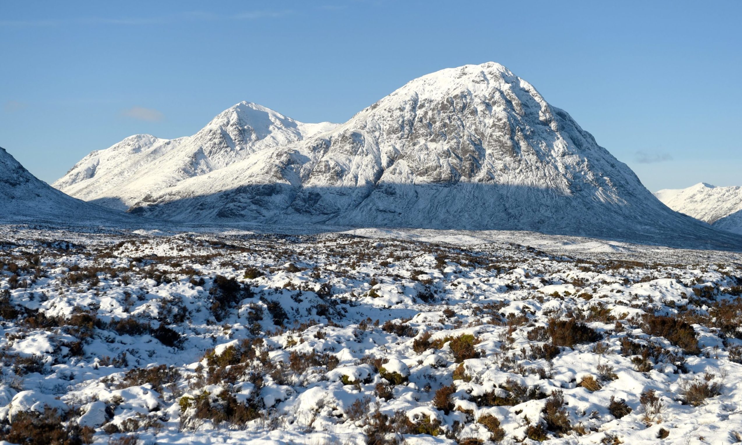 Buachaille Etive Mor with a coating of snow in Glen Coe in the Highlands.