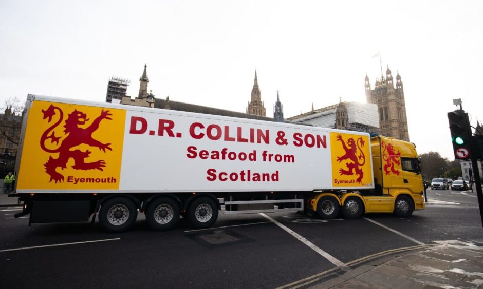 A seafood lorry used in the protest in London.