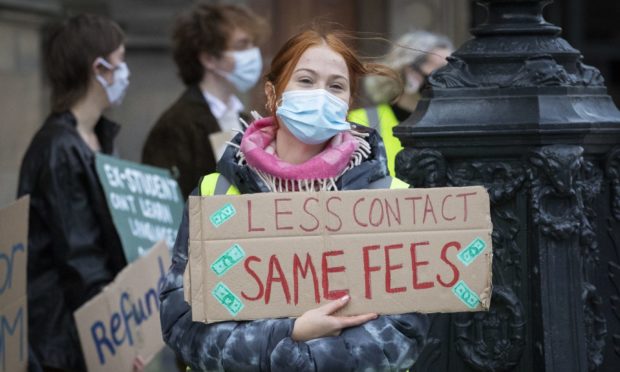 Students protest outside the McEwan Hall in Bristo Square, Edinburgh.