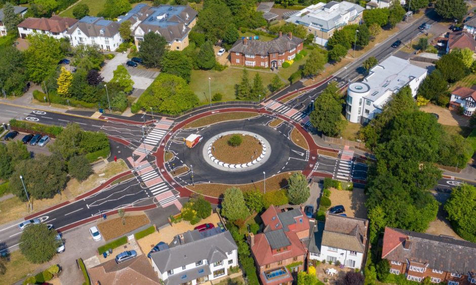 Aerial shot of the UK's first Dutch-style roundabout, opened in Cambridge last year.