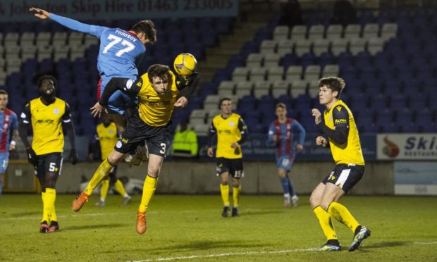 Inverness' Nikolay Todorov misses a chance during a Scottish Championship match between Inverness Caledonian Thistle and Queen of the South at Tulloch Stadium on February 17, 2021.