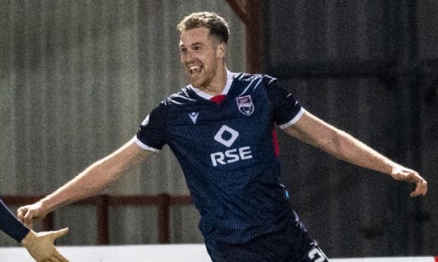 Jordan White celebrates netting against Celtic in 2021. Image: SNS