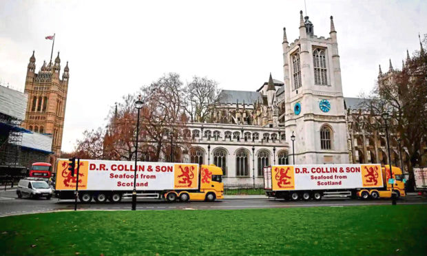 Scottish seafood lorries parked in Parliament Square in central London