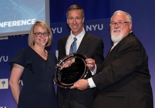 Arne Sorenson, centre, received an award from Jonathan M. Tisch Center of Hospitality, New York University.
