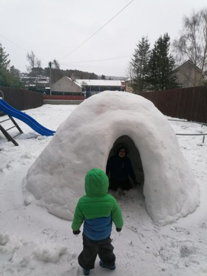 Riley and Finley in the igloo built for them by their dad Lee Page