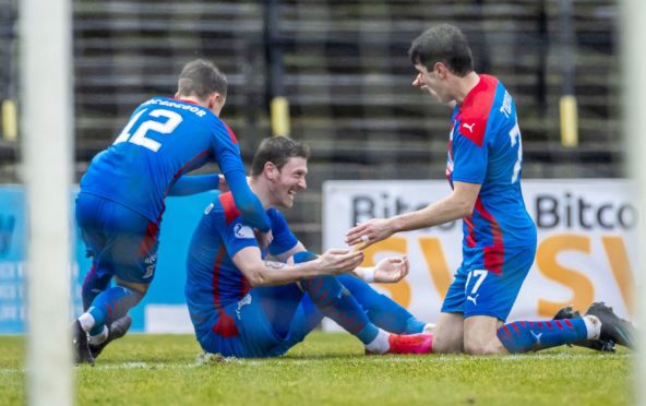 AYR, SCOTLAND - FEBRUARY 20: Inverness' Shane Sutherland (centre) celebrates making it 2-0 with Nikolay Todorov and Roddy MacGregor during the Championship clash with Ayr.