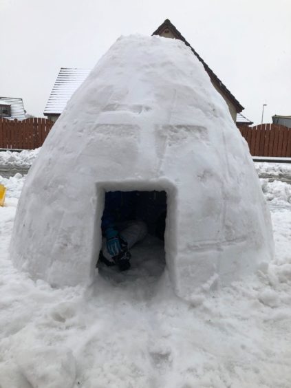 Riley and Finley in the igloo built for them by their dad Lee Page
