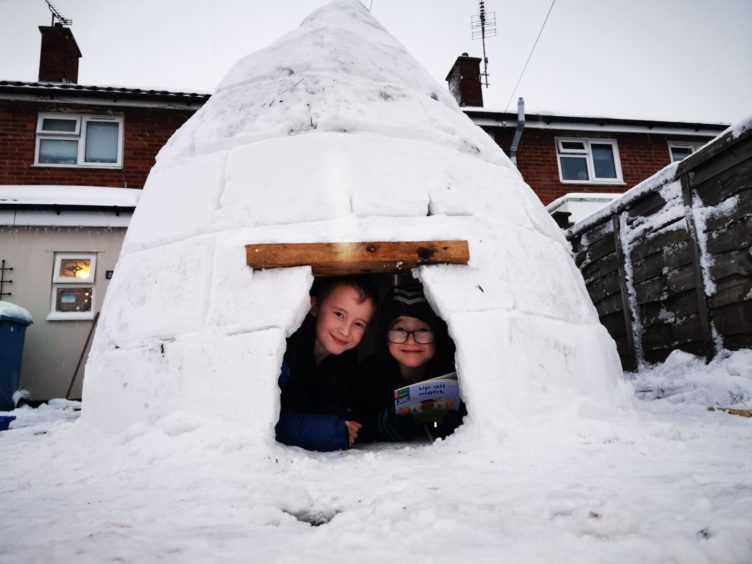 Riley and Finley in the igloo built for them by their dad Lee Page