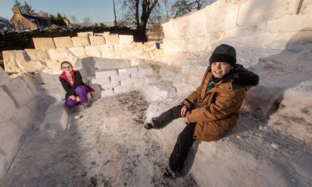 Louis Norgate and Charlie Smith, both 10, inside the ice sculpture.