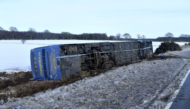 The Megabus lying on its side off the A90. Picture by Chris Sumner