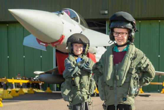 Abigail Campbell from Cullen Primary and David Wallace from Dallas Primary at RAF Lossiemouth for a STEM workshop in 2019.