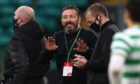 Former Aberdeen manager Derek McInnes (centre) on the touchline during the Scottish Premiership match at Celtic Park.