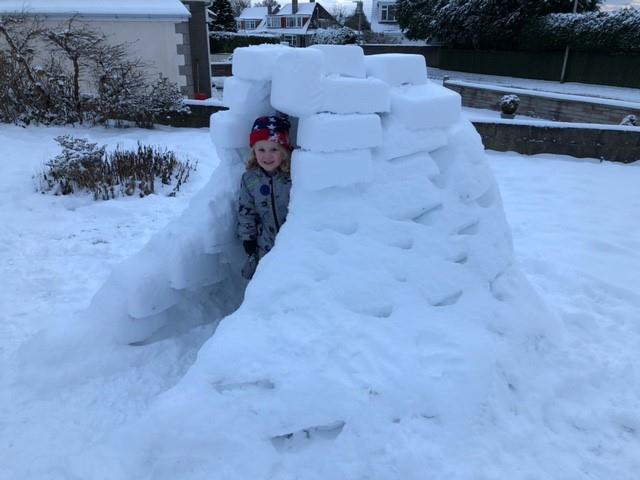 Riley and Finley in the igloo built for them by their dad Lee Page