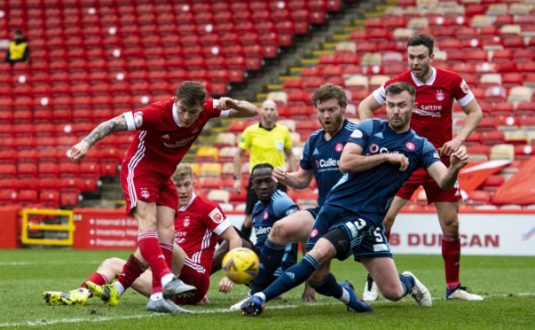 Aberdeen striker Callum Hendry misses a chance against Hamilton.