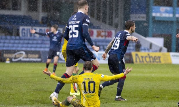 Hibernian's Martin Boyle claims for a second penalty during the Scottish Premiership match between Ross County and Hibs last month.