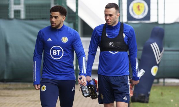 Andy Considine, right, with new Scotland team-mate Che Adams.